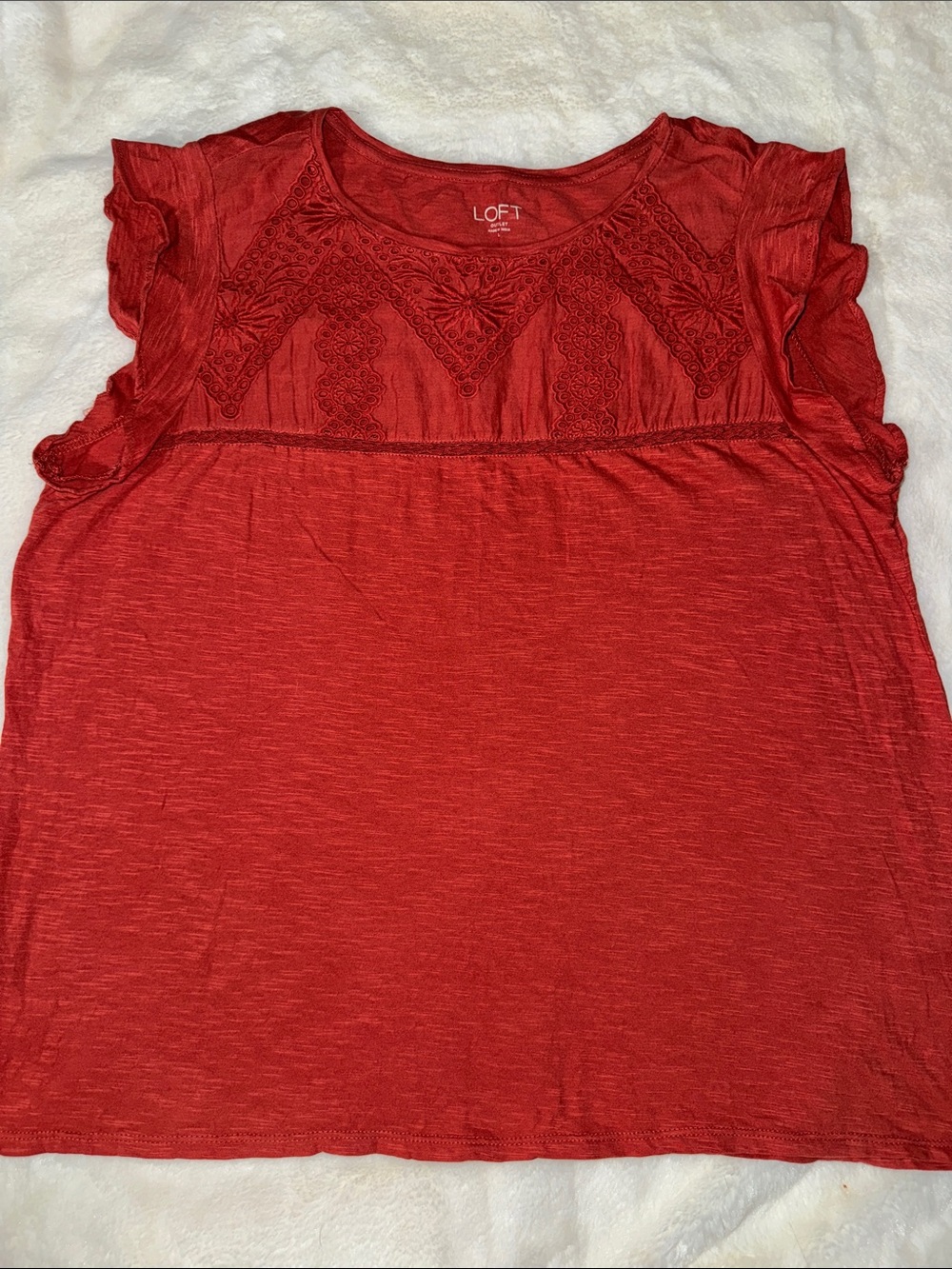 LOFT Red Embroidered Yoke Flutter Sleeve Tee